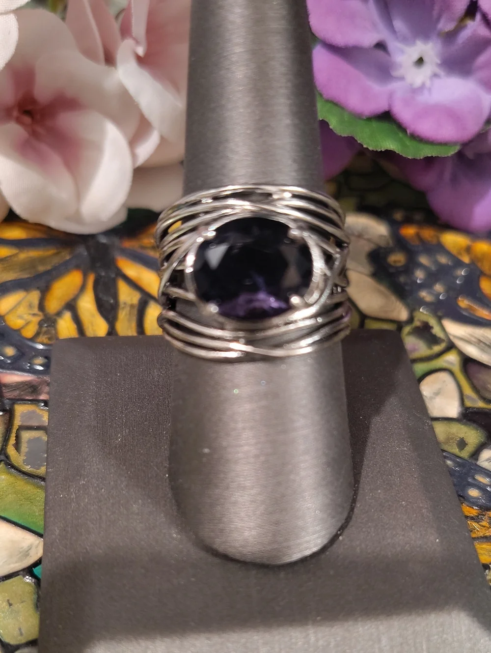 Amethyst Glass Stone Silver Boho Fashion Ring - Size 8